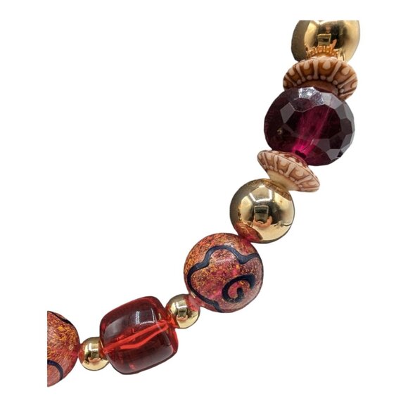 Handcrafted Beaded Necklace With Gold Amber & Red Beads - 16" Long - Picture 2 of 9